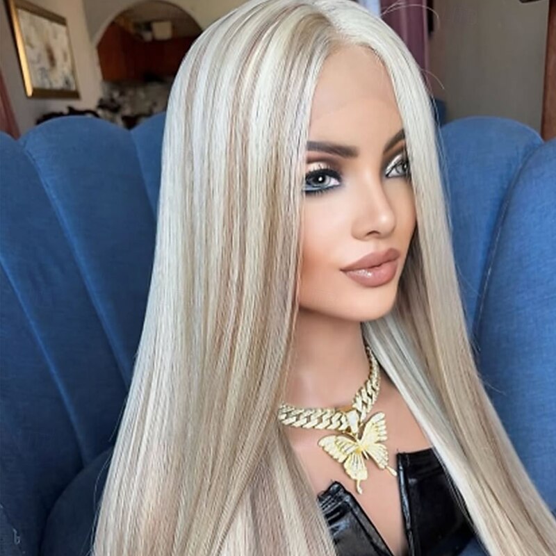 Remy Human Hair 5x5 Closure 13x4 Lace Front Wig Middle Part Brazilian Hair Straight Blonde Multi-color Wig 150% 180% Density with Baby Hair Highlighted / Balayage Hair 100% Virgin Glueless Pre-Plucked4