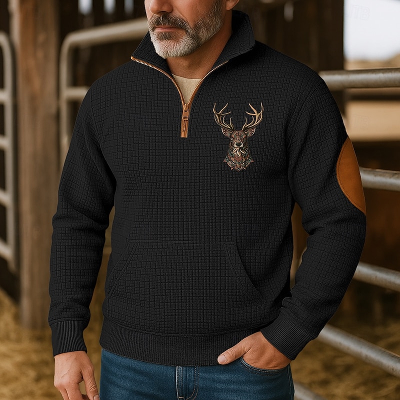 Men's Sweatshirt Waffle Sweatshirt Pullover Hoodie Sweatshirt Pullover Quarter Zip Sweatshirt Black White Navy Blue Khaki Dark Gray Standing Collar Plain Patchwork Sports & Outdoor Casual Daily2