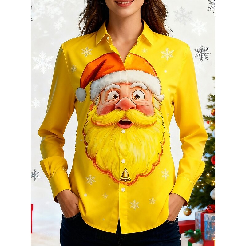 Christmas Women's Shirt Graphic Santa Claus Elegant Vintage Stylish Long Sleeve Shirt Collar Regular Tops Work Daily Holiday White Yellow Purple Orange Fall Winter2