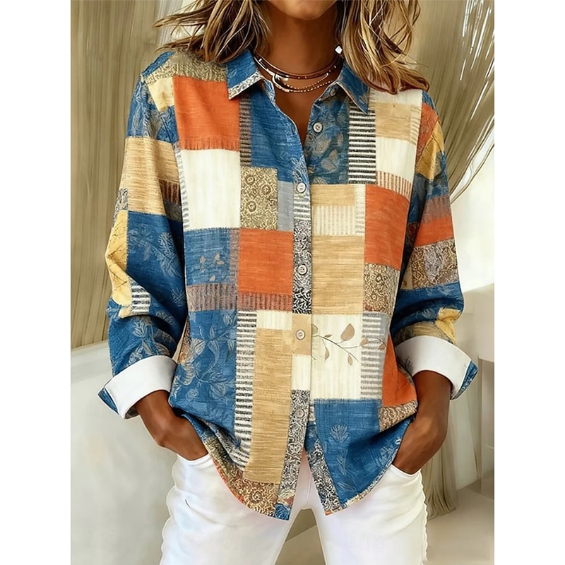 Women's Shirt Blouse Graphic Geometric Plaid Casual Long Sleeve Shirt Collar Regular Tops Daily Patchwork Buttons Print Yellow Blue Orange Khaki Fall Winter