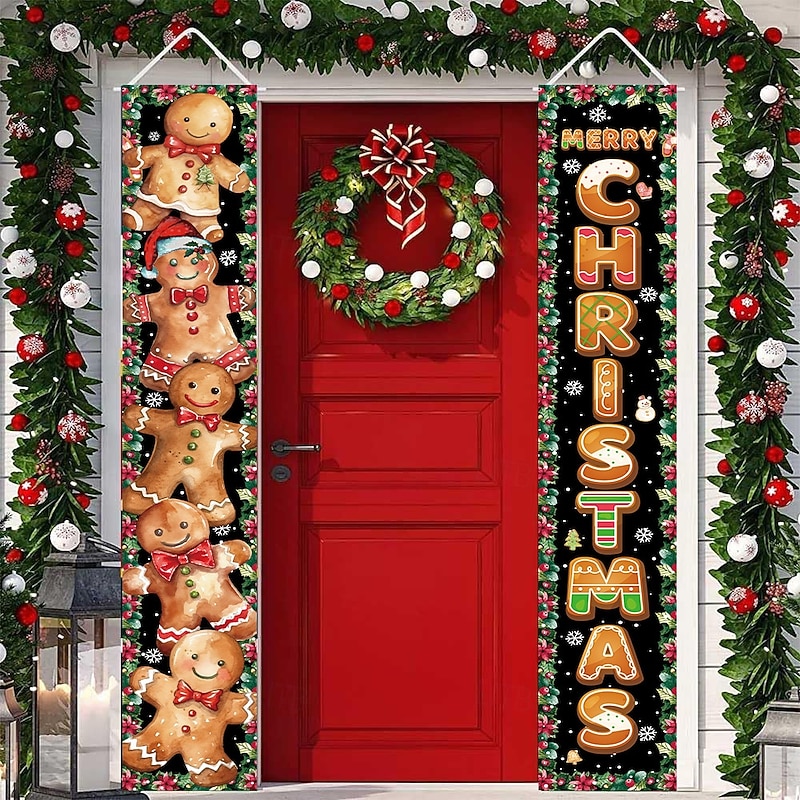 New Christmas Cartoon Gingerbread Leaf Series Door Couplets, Indoor and Outdoor Holiday Celebration Decoration, Festive Xmas Banner