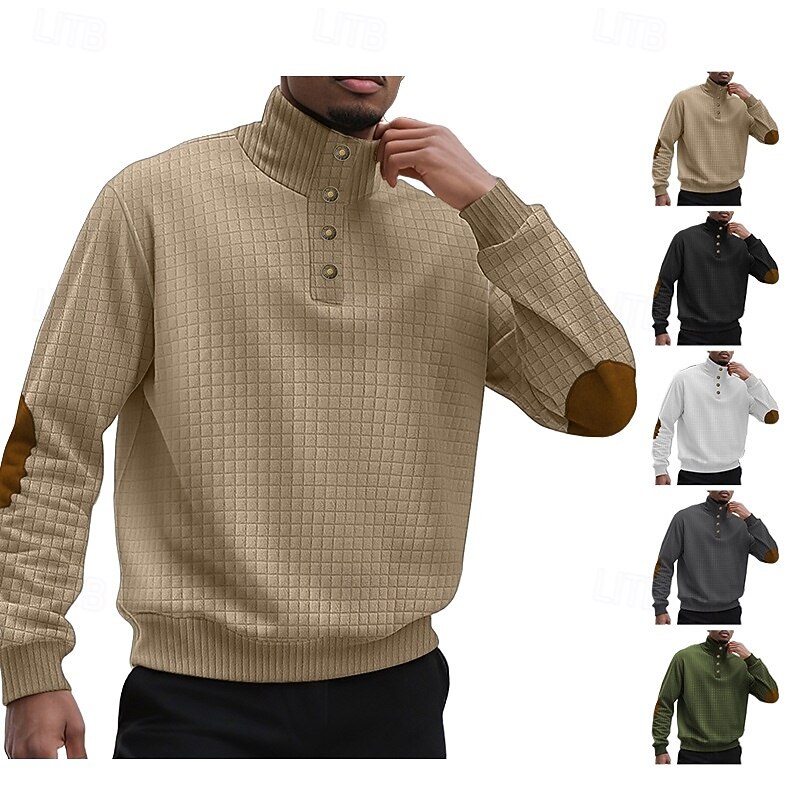 Men's Sweatshirt Waffle Sweatshirt Pullover Hoodie Sweatshirt Pullover Button Up Hoodie Black White Army Green Khaki Gray Standing Collar Plain Patchwork Textured Sports & Outdoor Casual Daily