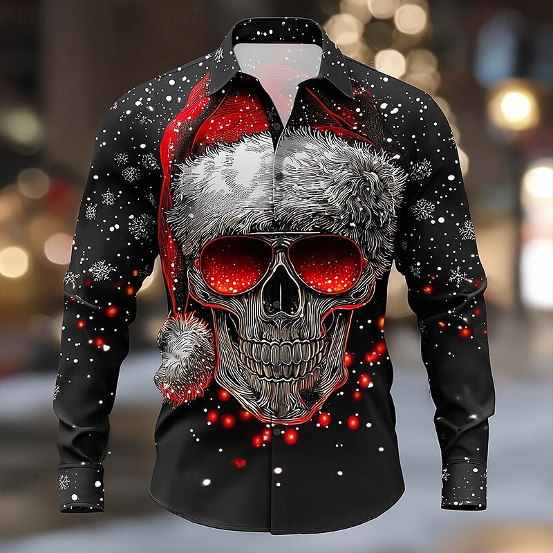 Halloween Men's Skull Christmas Light Christmas Hats Shirt Button Up Shirt Long Sleeve Dark Punk Gothic Style Outdoor Holiday Spring Fall Turndown 3D Print Collared Shirts Black 1 Black Black 2