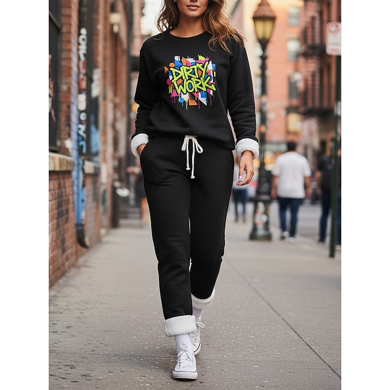 Women's Elegant Warm Fashion Two Piece Sets Tracksuit Pants Sets Long Sleeve Crew Neck Graphic Print Outdoor Vacation Daily Black Pink Dark Pink Spring Regular Fit