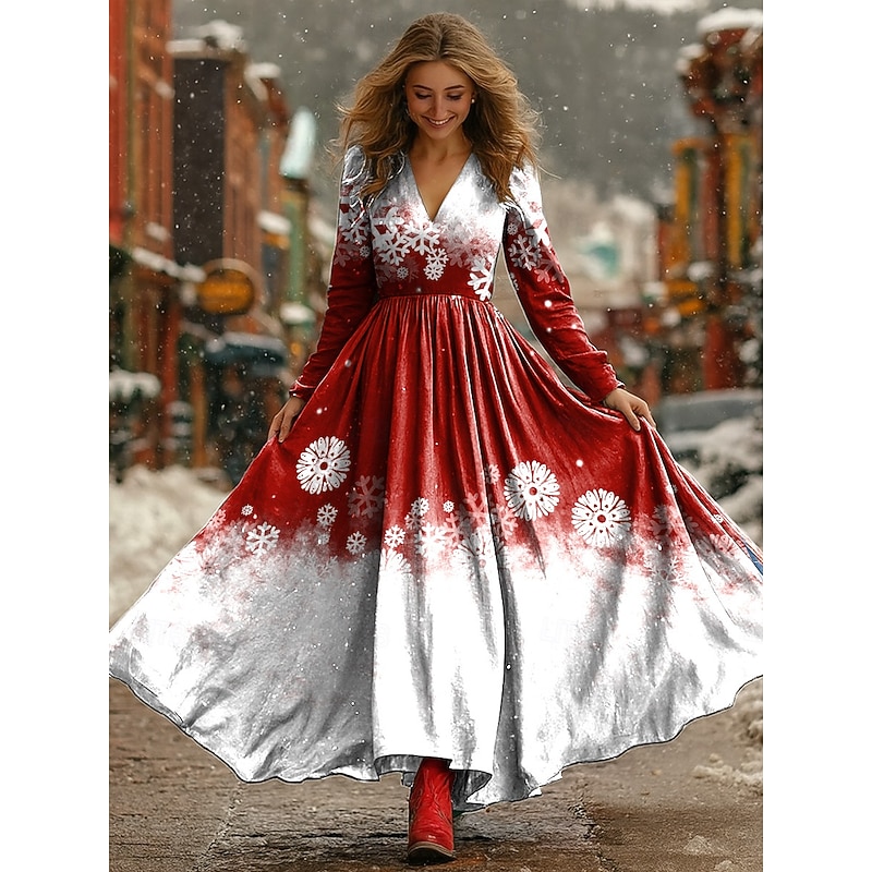 Christmas Women's Maxi Dress Pleated Dress Party Casual Boho Daily Date Going out Regular Fit Snowflake Long Sleeve V Neck Red Blue Fall Winter2