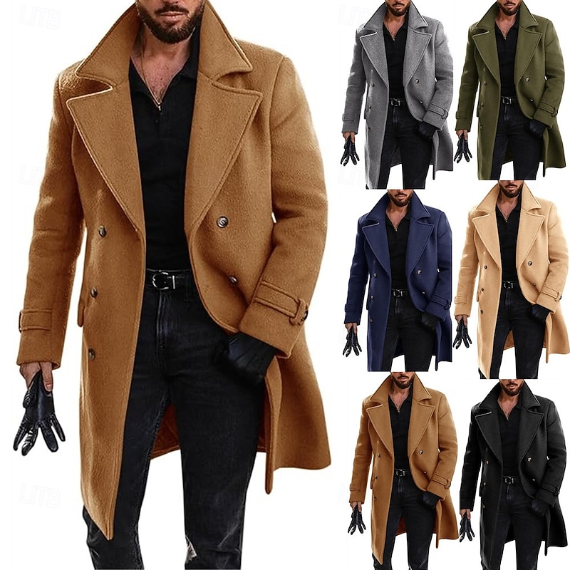 Men Overcoat Peacoat Long Trench Coat Trench Coat Business Casual Fall Winter Autumn Polyester Outerwear Clothing Apparel Classic Formal Plain Notch lapel collar