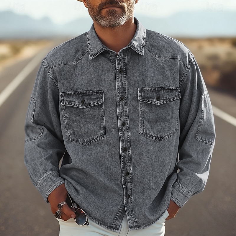 Men's Shirt Summer Shirt Casual Shirt Button Up Shirt Denim Shirt Black Blue Long Sleeve Plain Lapel Vacation Hawaiian Front Pocket Clothing Apparel Polyester Fashion Casual Comfortable