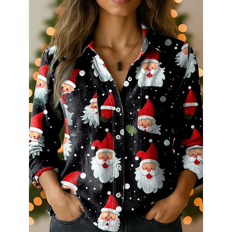 Christmas Women's Shirt Graphic Santa Claus Elegant Vintage Tropical Long Sleeve Shirt Collar Regular Tops Daily Holiday Pocket Buttons Print Black White Red Green Spring Fall Winter