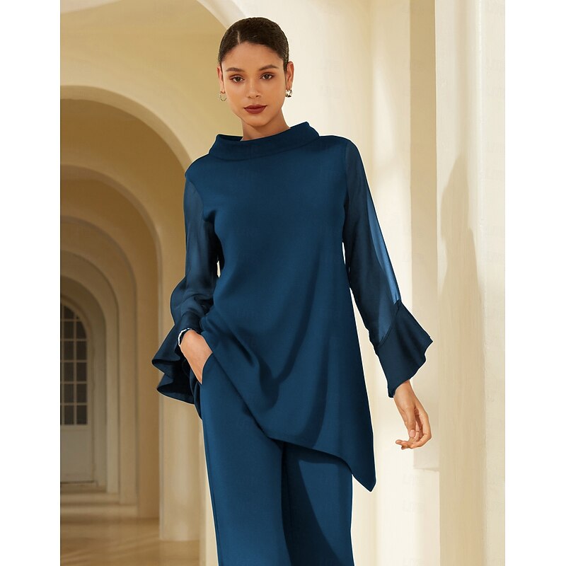 Women's Dark Blue Chiffon-Modal Slim-Fit Blouse with Sheer Sleeves Elegant Lightweight Breathable Office Dinner Date