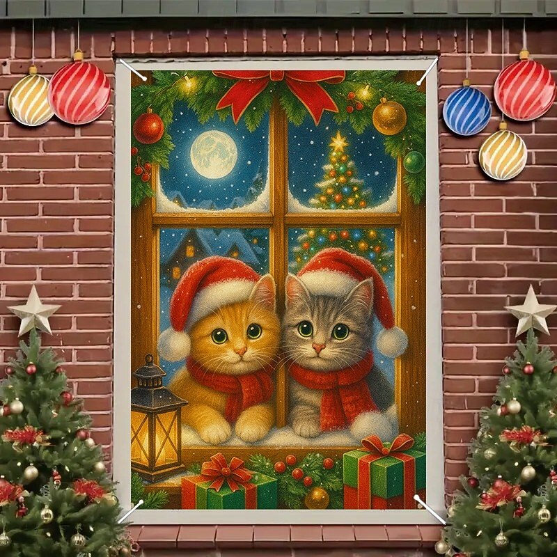 Christmas Cat and Dog Curtain, 2025 Xmas Pet Theme Window Curtain Door Cover for Holiday Party Decoration, Indoor Outdoor Hanging Tapestry