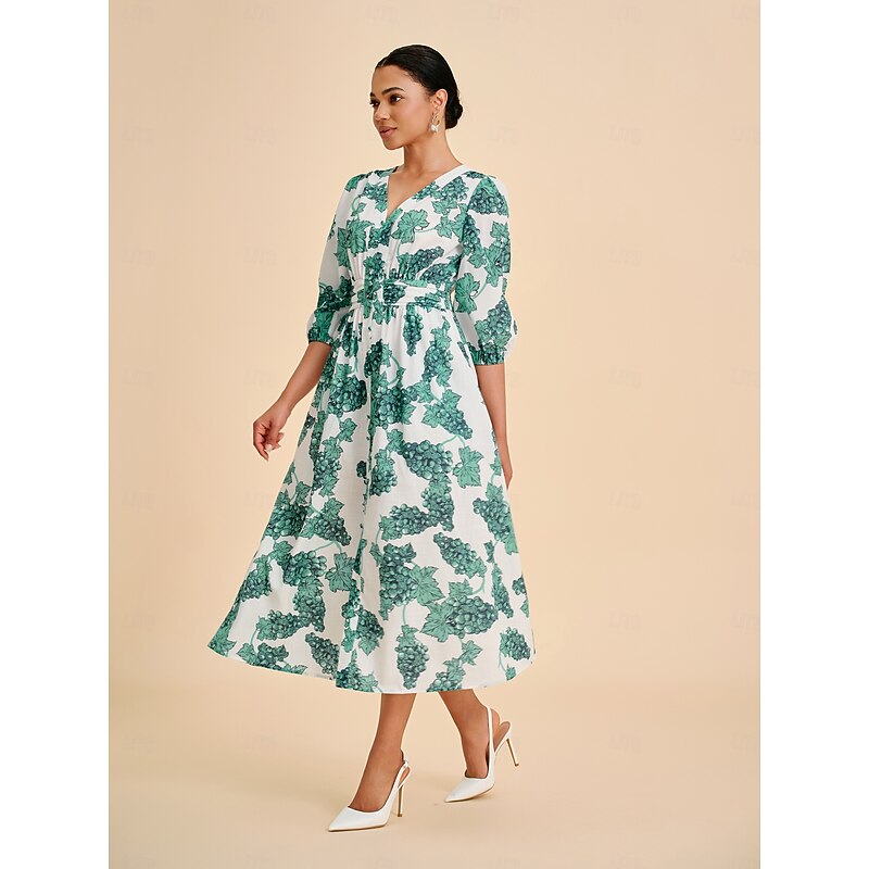Women's Teal Green Printed Linen-Effect Maxi Dress4