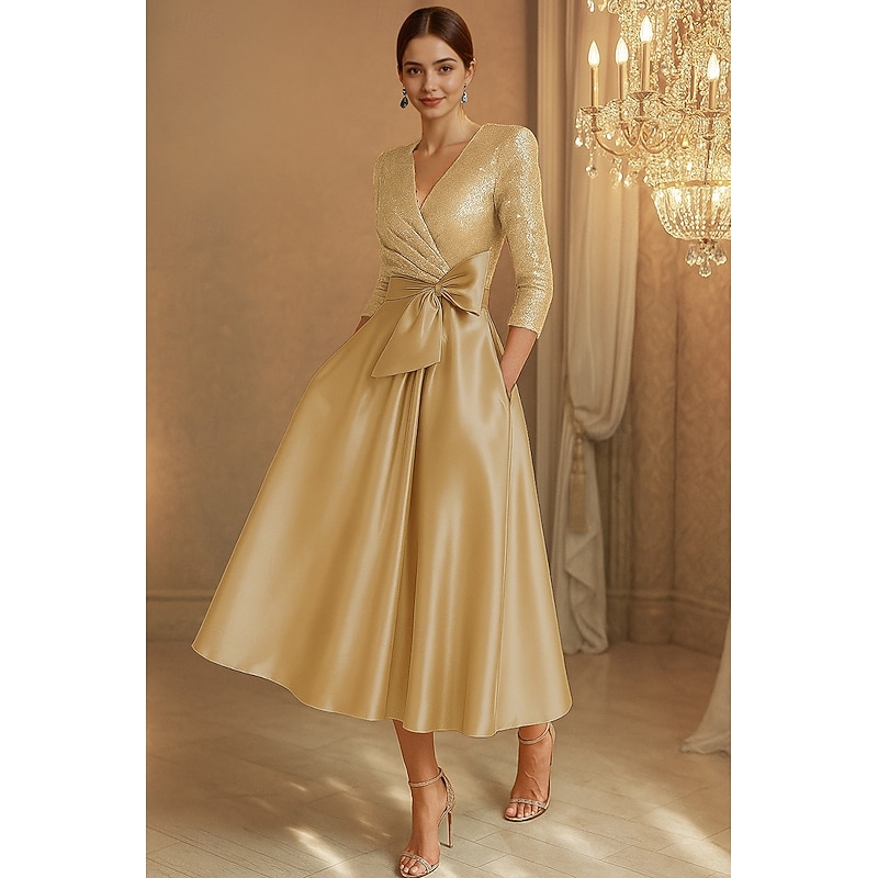 Black Tie A-Line Sequin Cocktail Dresses Elegant Dress Formal Wedding Tea Length 3/4 Length Sleeve V Neck Stretch Satin with Bow(s) 20254