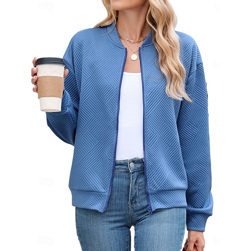 Women's Casual Jacket Comfortable Breathable Zipper Casual Plain Vacation Street Casual Daily Wear Zipper Short Stand Collar Regular Fit Long Sleeve Outerwear Black Blue Brown Spring Fall