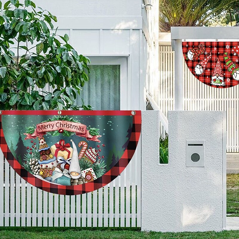 Christmas Outdoor Half Round Flag Banner, Cartoon Digital Printed Fan Flag, Holiday Scene Decoration Props for Yard Garden2