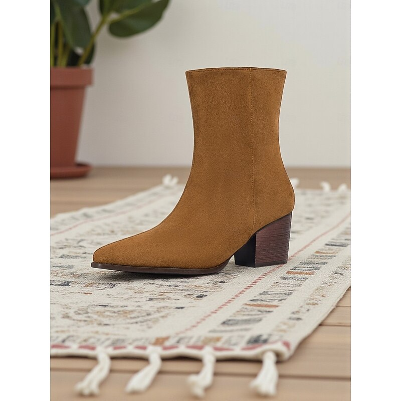 Women's Suede Block Heel Ankle Boots- Brown Urban Fashion Short Boots for Women's Casual and Streetwear Outfits