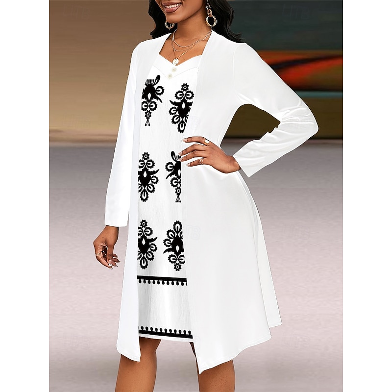 Women's Midi Dress A Line Dress Casual Daily Loose Fit Floral Long Sleeve V Neck White Summer Spring Fall2