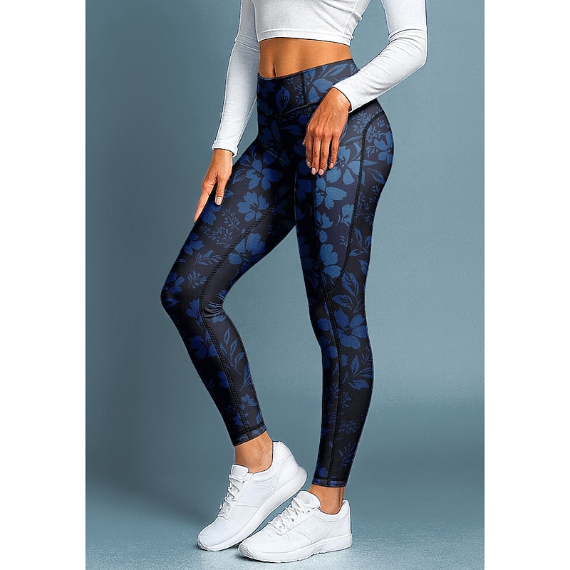 Women's pilates leggings fitness pants Gym Leggings Pockets Stamp Duty Side Pockets Pilates Gym Gym Workout Pants Tights Leggings Floral Pink Red Navy Blue Sports Activewear Stretchy Tight Fit