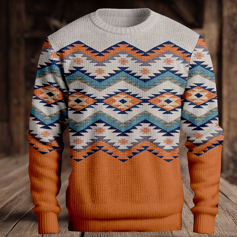 Christmas Men's Fair isle Sweater Pullover Sweater Jumper Knitwear Crewneck Casual Vacation Daily 3D Print Keep Warm Long Sleeve Spring Fall Winter Blue Orange