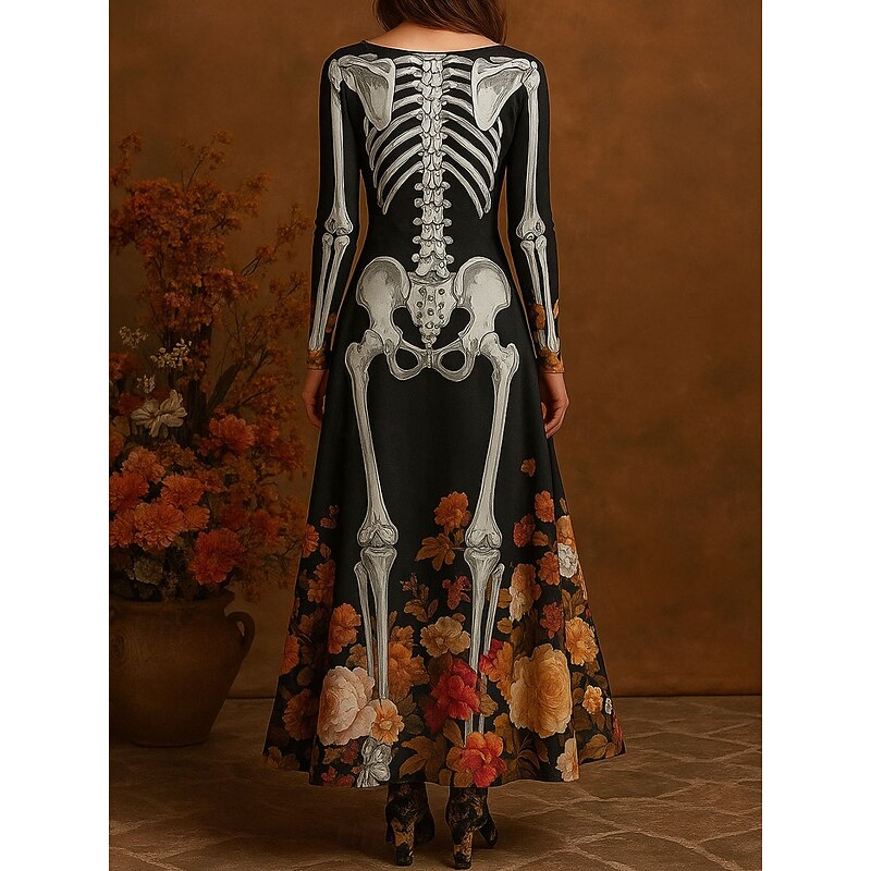 Halloween Women's Skeleton Maxi Dress Sheath Dress A Line Dress Casual Boho Wedding Guest Beach Regular Fit Floral Graphic Long Sleeve Crew Neck Boat Neck Blue Purple Orange Green Spring Fall Winter2