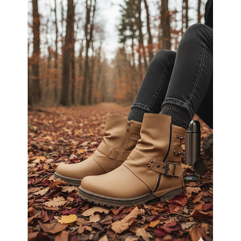 Women's Ankle Boots with Studded Straps and Buckles, Casual Retro Style for Everyday Wear4