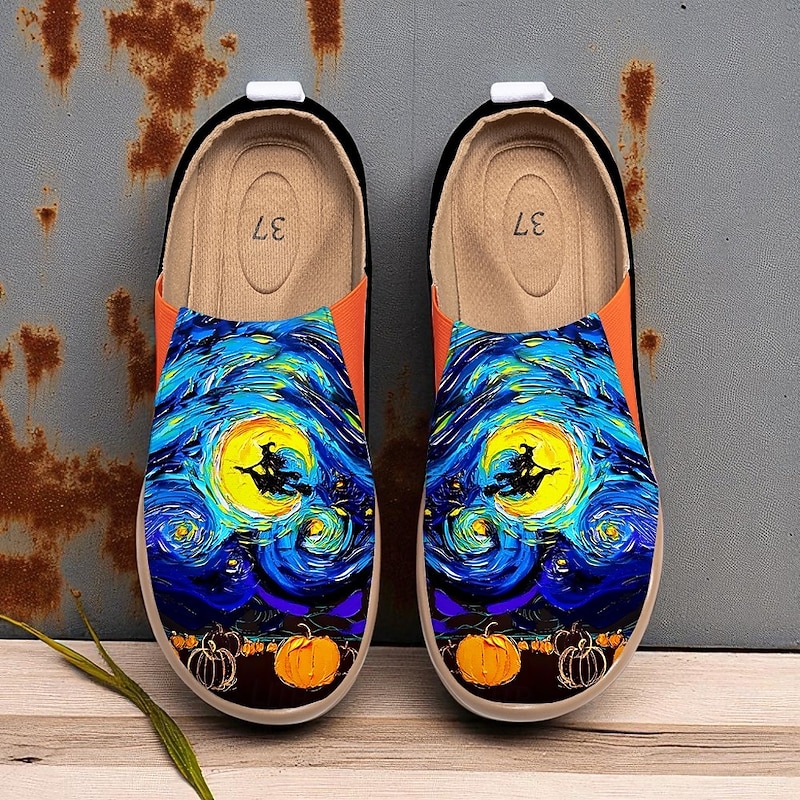 Women's Orange Wide Width Slip-On Shoes with Ghost and Pumpkin Print – Casual Shoes for Queens of Halloween October Birthday, Walking and Travel