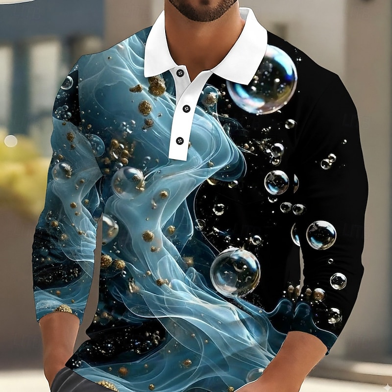 Men's Abstract Marble Polo Long Sleeve Polo Shirts Lapel Casual Outdoor Street Athleisure Daily Wear 3D Print Buttons Spring Fall Winter Blue Purple Green