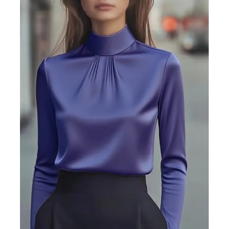 Women's Dressy Blouse Plain Elegant Daily Stylish High Neck Regular Tops Daily Black White Purple Khaki Fall3