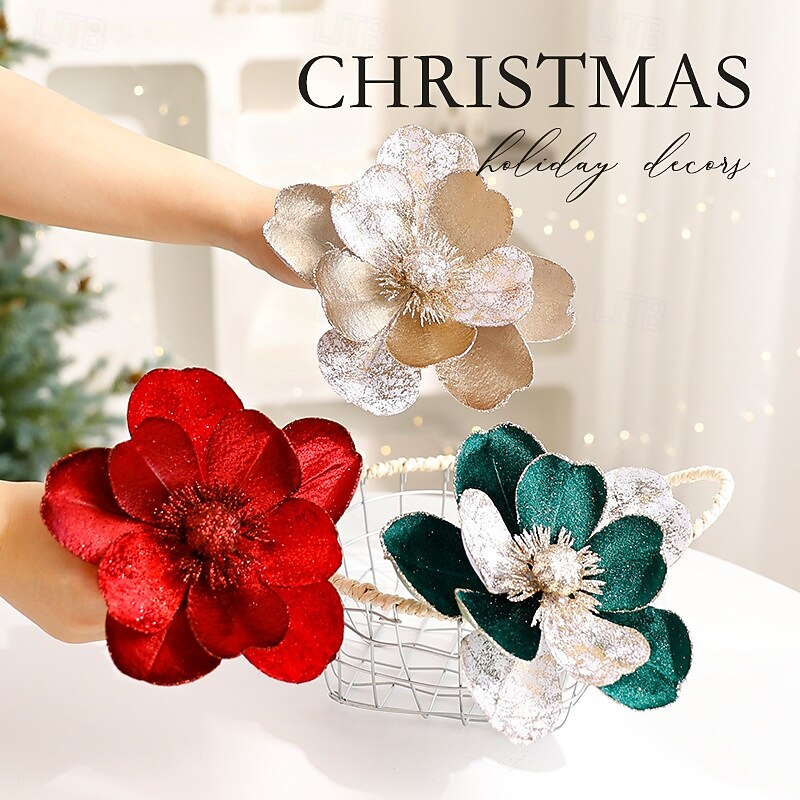 3 Pack Christmas Artificial Flowers 15CM Velvet Poinsettia Ornaments DIY European Style Xmas Tree Decorations Floral Picks2