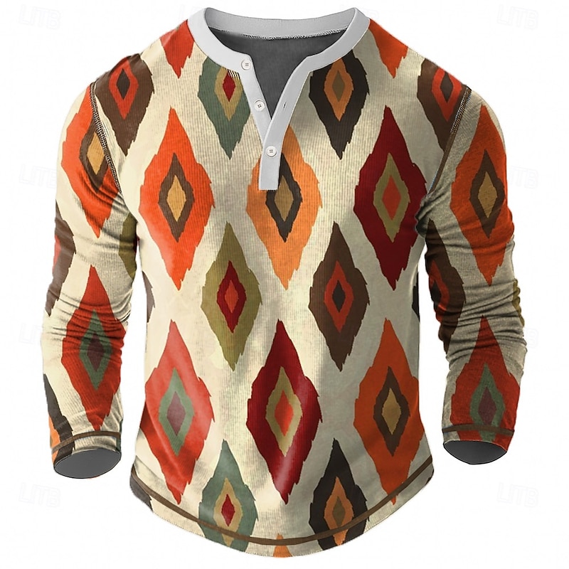 Men's Geometric Henley Shirt Tee Long Sleeve Vintage Fashion Designer Outdoor Casual Daily Spring &  Fall All Seasons Blue khaki Henley Henley T-Shirt