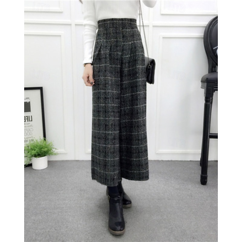 Women's Chinos Straight Streetwear Casual Ankle-Length Medium Waist Plain Plaid Checkered Elastic Waist Comfortable Micro-elastic Outdoor Vacation Street Black Grey Light Gray Dark-Gray Black Fall