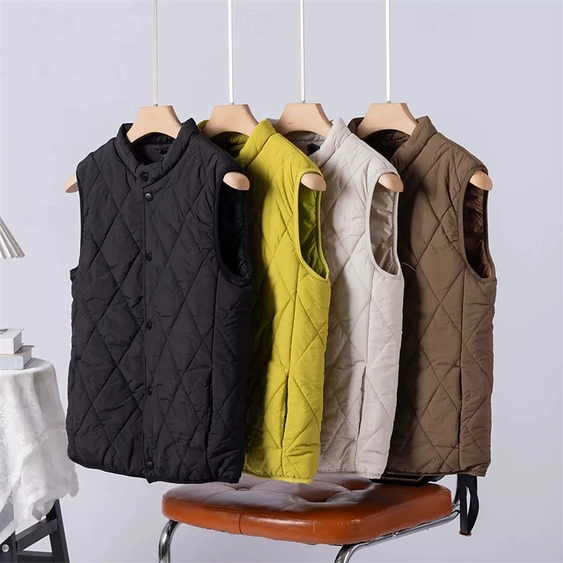 Women's Puffer Jacket Quilted Jacket Casual Jacket Comfortable Breathable Pocket Buttons Casual Plain Vacation Street Casual Daily Wear Single Breasted Short Stand Collar Regular Fit Sleeveless