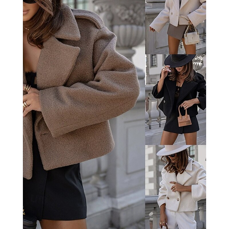 Women's Casual Jacket Warm Comfortable Pocket Buttons Fashion Outdoor Plain Going out Weekend Single Breasted Regular Lapel Regular Fit Long Sleeve Outerwear Black White Apricot Fall Winter