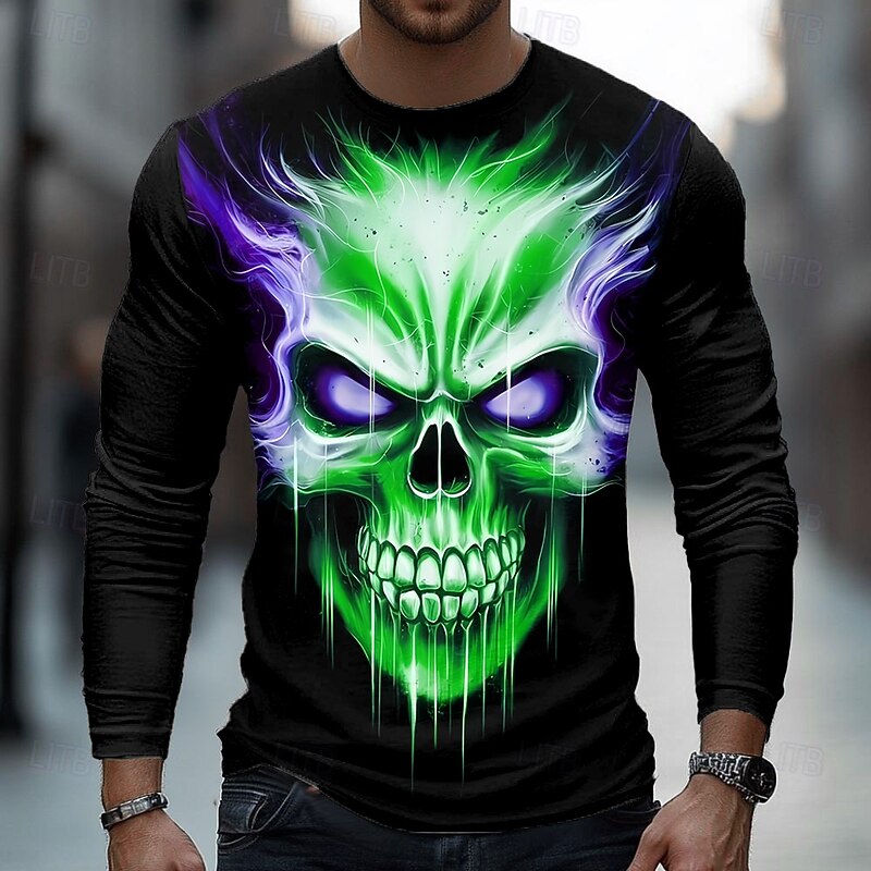 Halloween Men's Skull 3D T Shirt Long Sleeve T shirt 3D Print Crew Neck Shirt Fashion Exaggerated Street Casual Daily Lake Blue Blue Green Summer Spring Fall Clothing Apparel S M L XL XXL XXXL