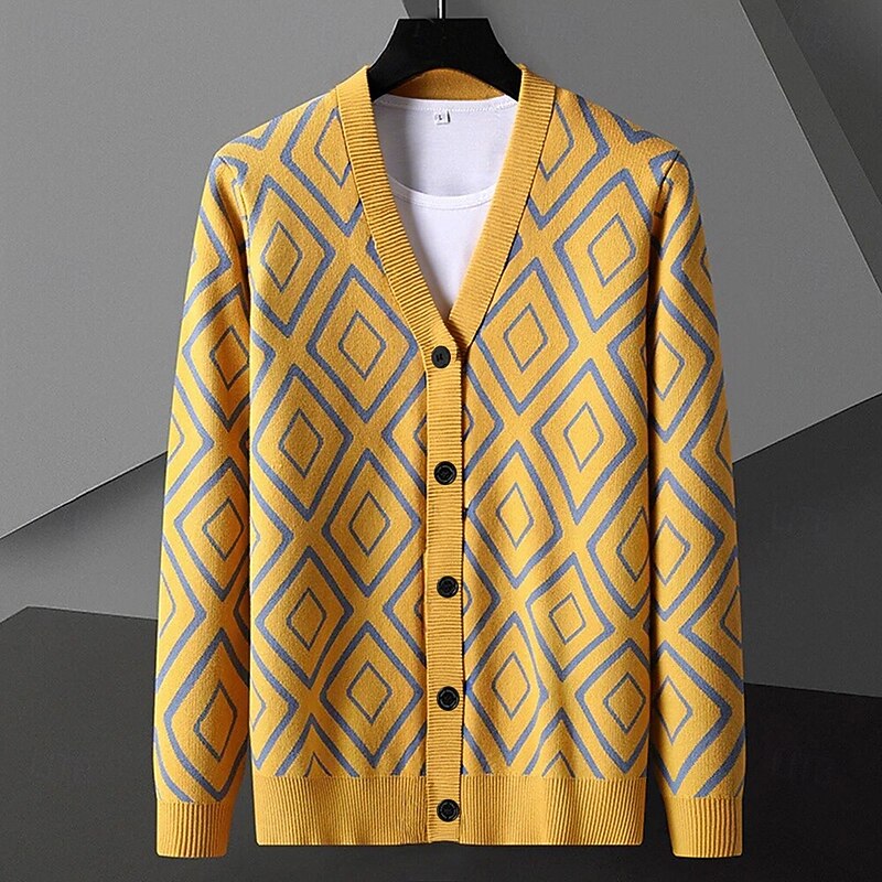 Men's Geometric Diamond Pattern Cardigan Sweater V Neck Casual School Vacation Daily 3D Print Keep Warm Long Sleeve Spring Fall Winter Black Yellow Dark Gray2