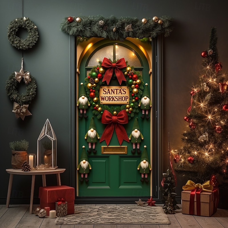 Christmas Door Cover, Festive Green Door with Wreath and Red Bow Holiday Entrance Backdrop Door Curtain for 2025 Xmas Party Indoor Outdoor Home Decorations3