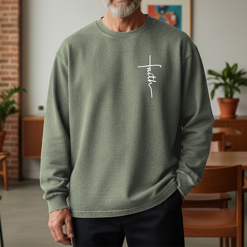 Men's Sweatshirt Distressed Hoodie Apricot Black Pink Army Green Brown Crew Neck Letter Faith Print Daily Holiday Going out 100% Cotton Vintage Retro Casual Fall Winter Clothing Apparel Hoodies4