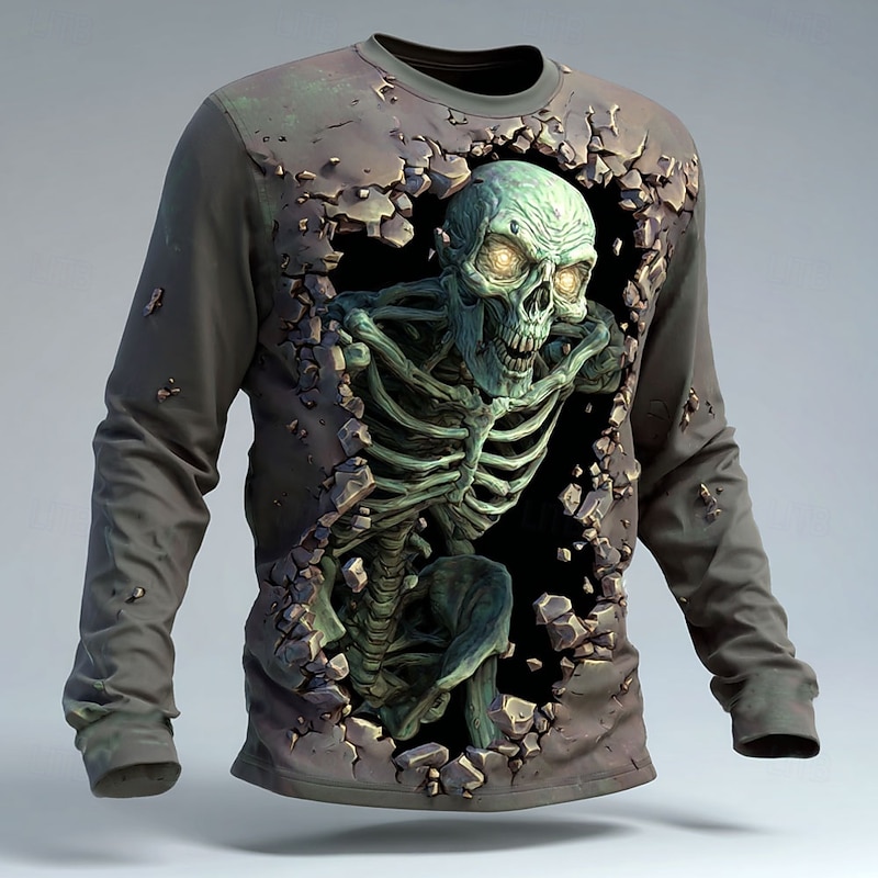 Halloween Men's Grim Reaper Skeleton T Shirt Long Sleeve T shirt 3D Print Crew Neck Shirt Fashion Exaggerated Street Casual Daily Red Purple Brown Summer Spring Fall Clothing Apparel S M L XL XXL XXXL