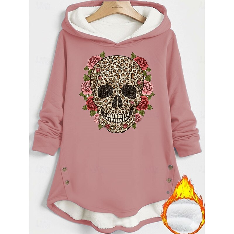 Women's Pullover Hoodie Sweatshirt Skull Warm Casual Long Sleeve Hooded Long Tops Street Dailywear Holiday Buttons Print Black Dark Pink Blue Gray Fall Winter4