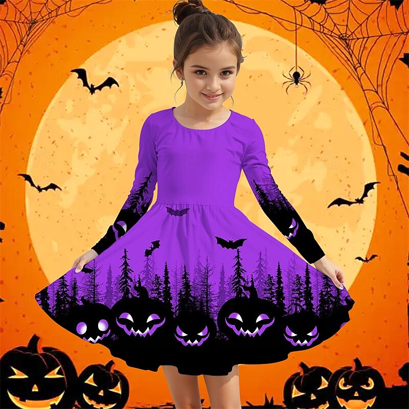 Halloween Girls' 3D Pumpkin Bat Dress Long Sleeve Summer Spring Vacation Daily Holiday Princess Beautiful Sweet Kids 4-12 Years Casual Dress A Line Dress Knee-length Regular Fit2