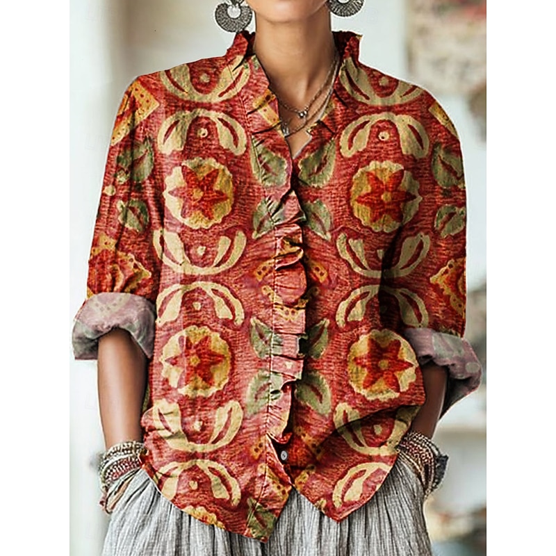 Women's Boho Shirt Floral Graphic Elegant Vintage Daily Long Sleeve V Neck Regular Tops Work Daily Holiday Ruched Ruffle Blue Purple Orange Khaki Spring Fall4