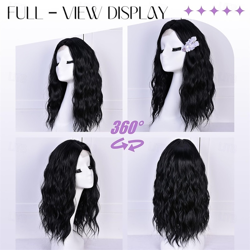 Short Wavy Wigs for Women Black Bob Wave Wig Natural Looking Synthetic Middle Part Lace Front Hair for Everyday Hairstyle 18Inch4