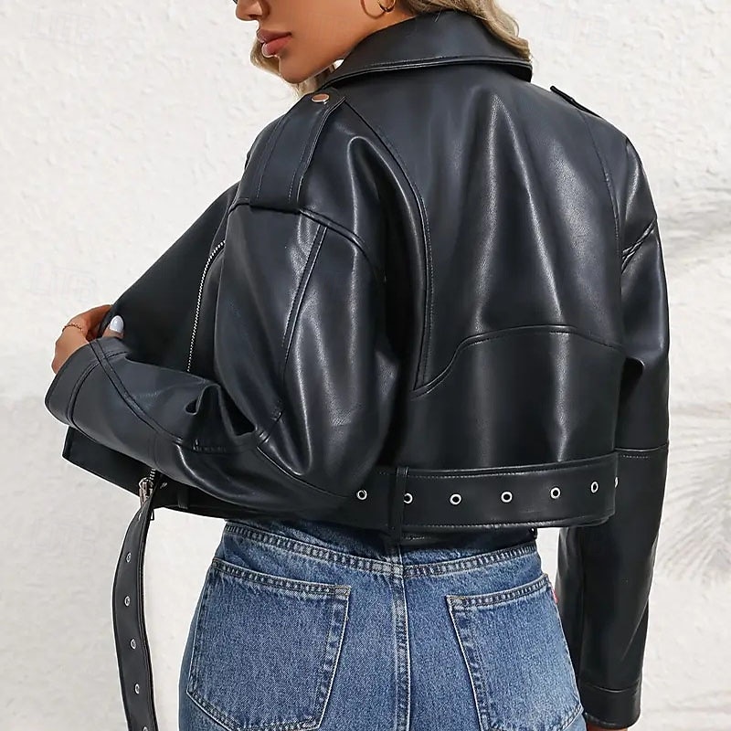 Women's Faux Leather Jacket Warm Comfortable Zipper Vintage Casual Solid Color Vacation Street Casual Daily Wear Short Turndown Regular Fit Long Sleeve Outerwear Black Wine Fall Winter2