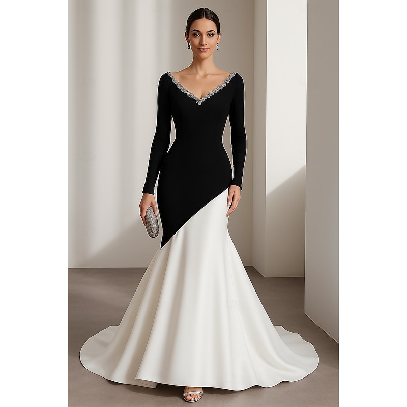Black White Mermaid / Trumpet Evening Gown Elegant Formal Dress Formal Wedding Floor Length Long Sleeve V Neck Stretch Crepe with Pleats Crystals Beading 2025