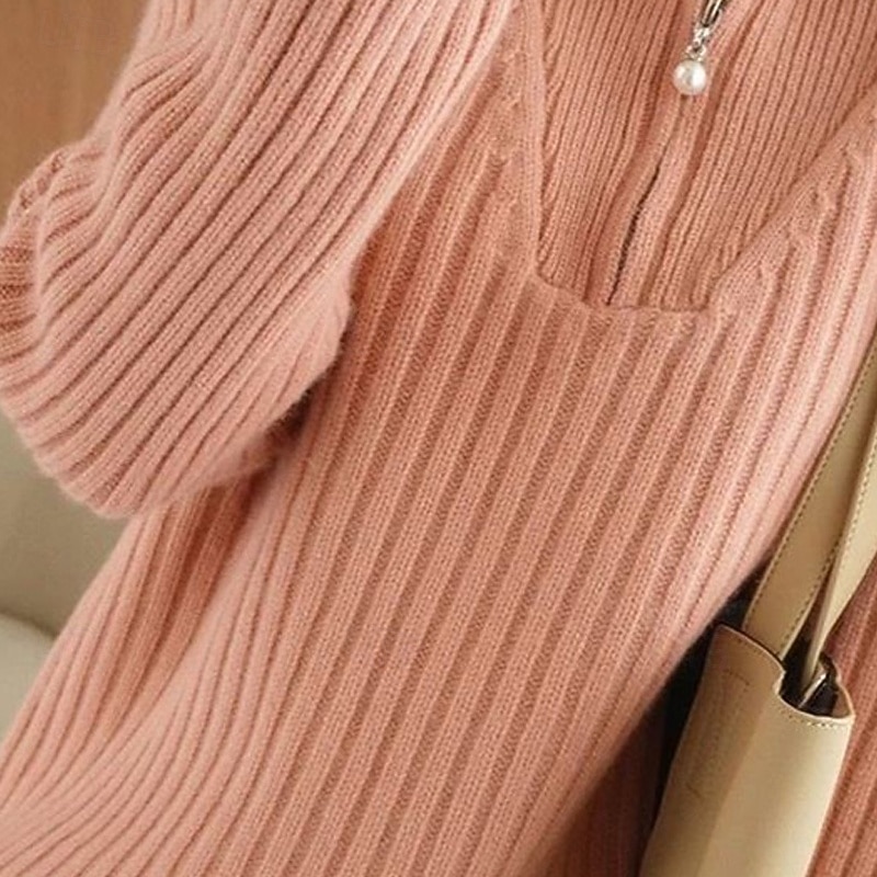 Women's Sweater Pullover Fashion Basic Casual Pure Color Ribbed Half Zip Zipper Knitted Long Sleeve Regular Tops Knit Outdoor Daily Weekend Pink Fall Winter3