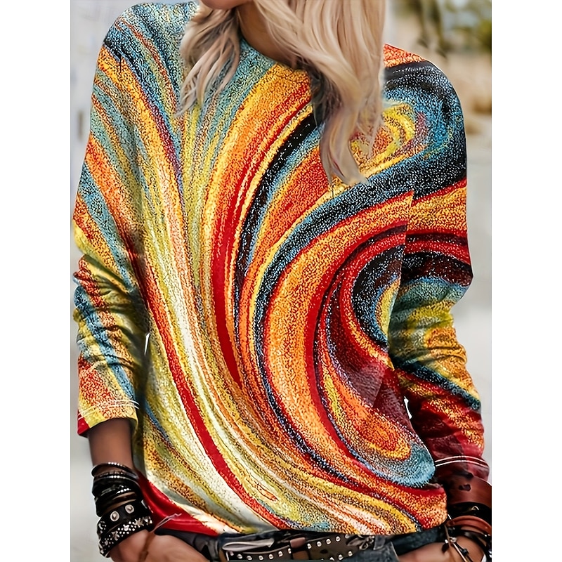 Women's T Shirt Graphic Geometric Vintage Stylish Casual Long Sleeve Crew Neck Regular Tops Daily Print Blue Purple Orange Green Gray Spring Fall Winter