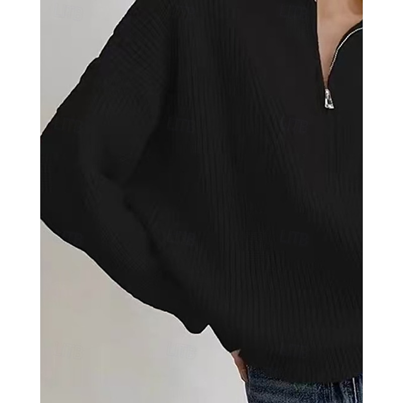 Women's Sweater Fashion Streetwear Casual Solid Color Ribbed Half Zip Knitted Long Sleeve Regular Tops Knit Outdoor Daily Weekend Black Fall Winter3
