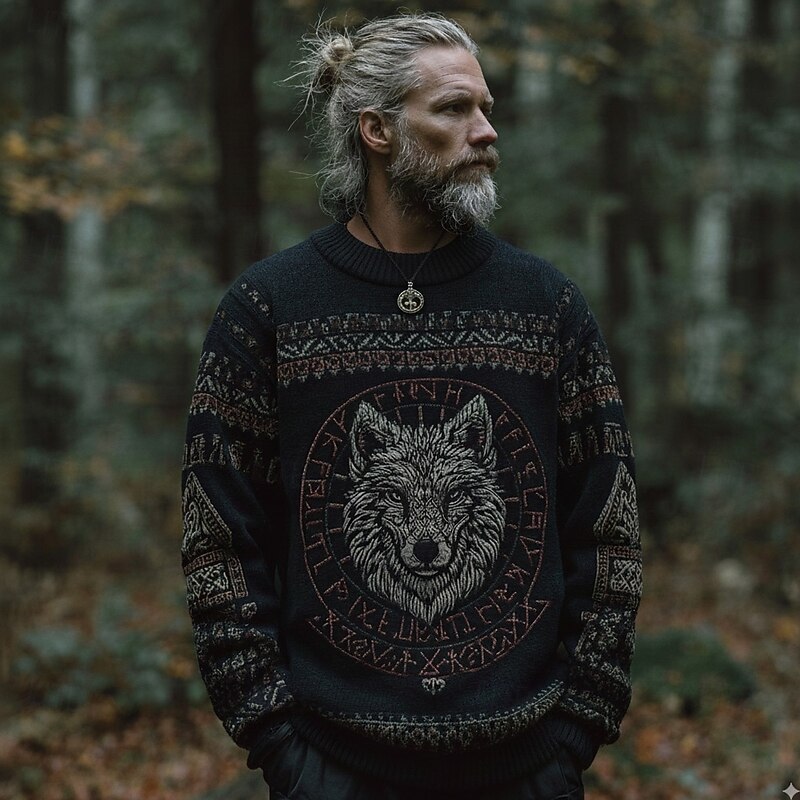 Men's Wolf Animal Patterned Viking Pullover Sweater Jumper Knitwear Crewneck Retro Vintage Casual Vacation Street Daily 3D Print Knitting Keep Warm Long Sleeve Spring Fall Winter Black Blue Green2
