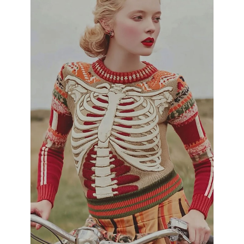 Halloween Women's Sweater Skeleton  Vintage Cute Streetwear Graphic Skeleton Crew Neck Patchwork Knitted Long Sleeve Regular Tops KnitRed Fall Winter