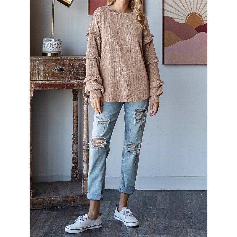 Women's Blouse Solid Color Stylish Casual Long Sleeve Crew Neck Regular Tops Daily Ruffle Pink Fuchsia Khaki Dark Gray Spring Fall
