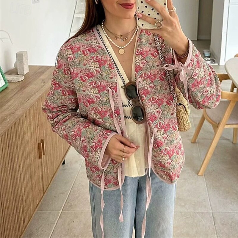 Women's Puffer Jacket Quilted Jacket Casual Jacket Comfortable Breathable Drawstring Retro Casual Floral Vacation Street Casual Daily Wear Cardigan Short V Neck Loose Fit Long Sleeve Outerwear Pink